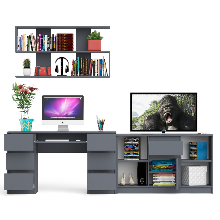 Домашние кабинеты, Стол письменный двухтумбовый Мори МС-2 с навесной открытой полкой и тумбой под ТВ