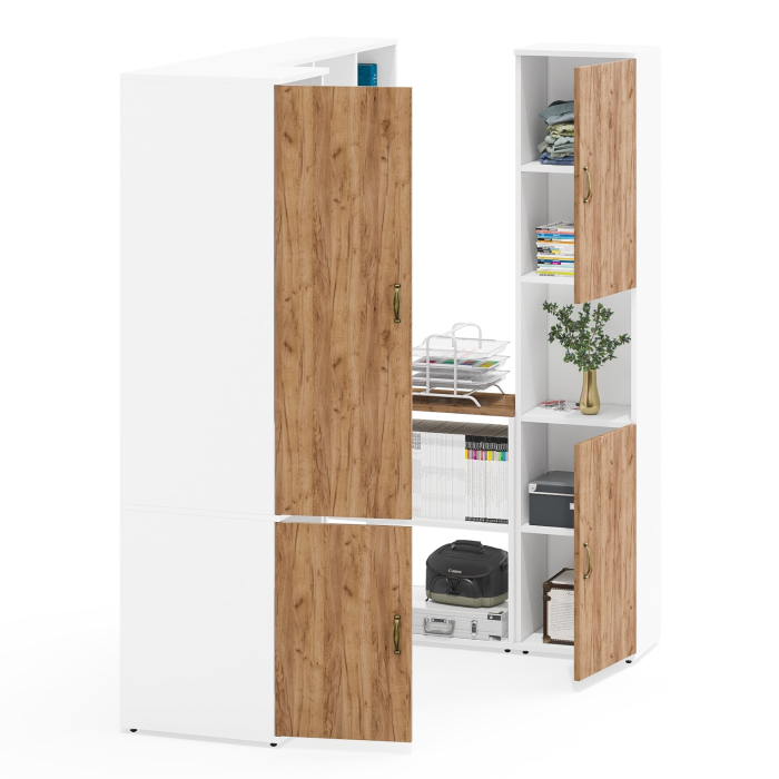 Домашние кабинеты, Шкаф узкий с открытой нишей Лидер-8 с пеналом 23Б со столом для работы и настенной полкой