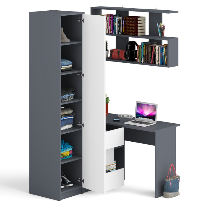 Домашние кабинеты, Угловой компьютерный стол с ящиками Мори МС-16 левый с книжной полкой и пеналом с полками