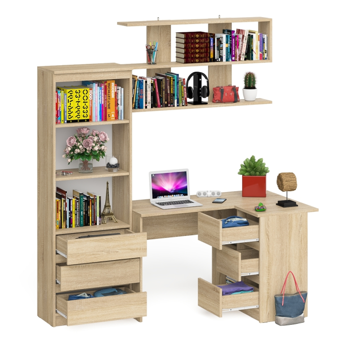 Домашние кабинеты, Рабочее место с угловым столом Мори МС-16 правым со стеллажом и полкой