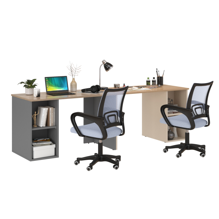 Прямые компьютерные столы, Набор для работы и учёбы из двух столов письменных Лайт 12.163 и двух серых кресел