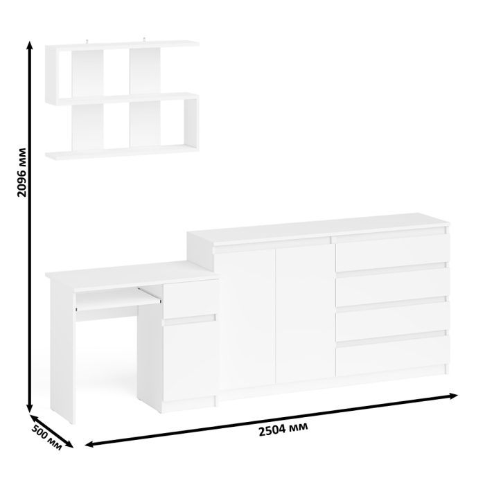Домашние кабинеты, Тумба-комод с дверками и ящиками на 1600 со столом с тумбой и ящиком справа и навсеной полкой Мори