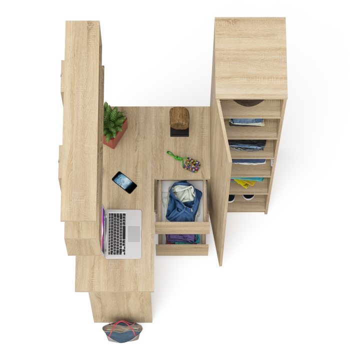 Домашние кабинеты, Стол угловой компьютерный Мори МС-16 правый с пеналом с полками и навесной открытой полкой 1200