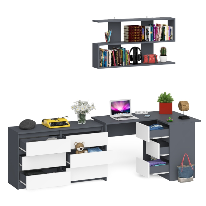 Домашние кабинеты, Стол угловой компьютерный Мори МС-16 правый с книжной полкой и комодом на шесть ящиков