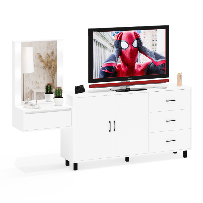 С зеркалом, Косметический навесной столик с подсветкой и комод с ящиками и дверками 123-1604