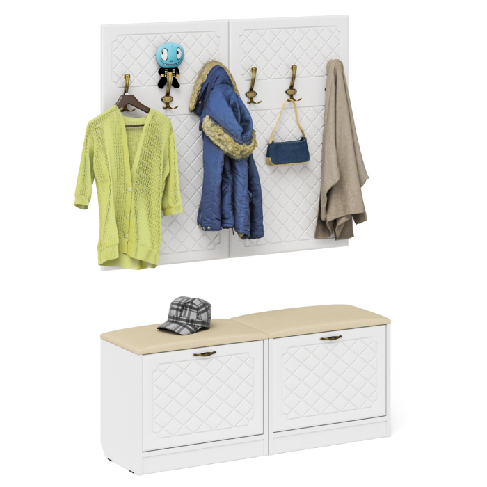 Прихожие, Две обувницы с мягким сиденьем с двумя вешалками для одежды П-6 МДФ фрезеровка ромб