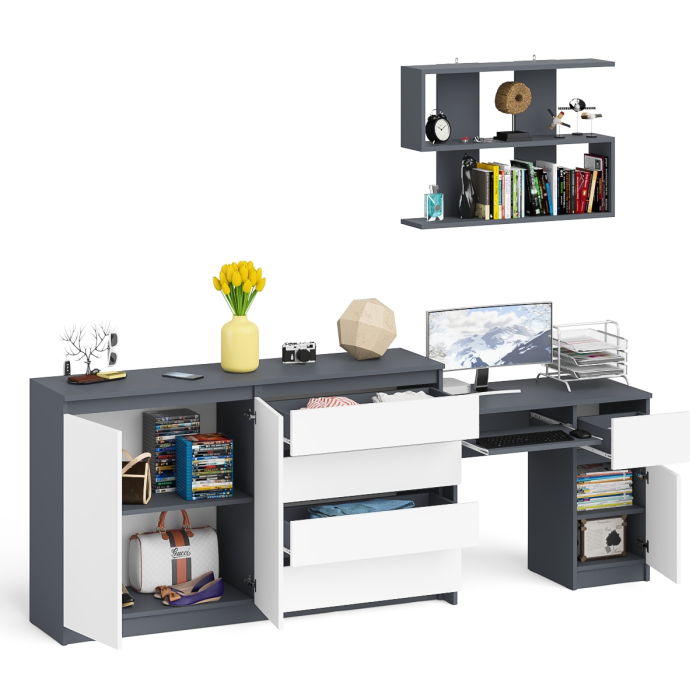 Домашние кабинеты, Тумба-комод с дверками и ящиками на 1600 со столом с тумбой и ящиком справа и навсеной полкой Мори