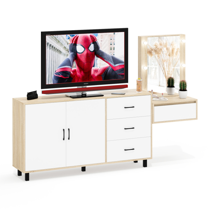 С зеркалом, Косметический навесной столик с подсветкой и комод с ящиками и дверками 123-1604