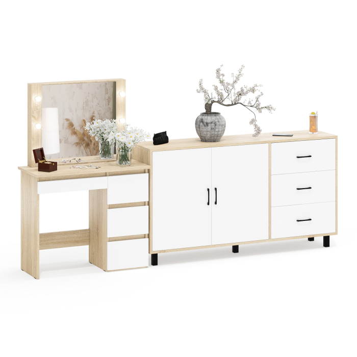 С зеркалом, Косметический столик Сура с зеркалом и подсветкой и с тумбой-комодом 123-1604