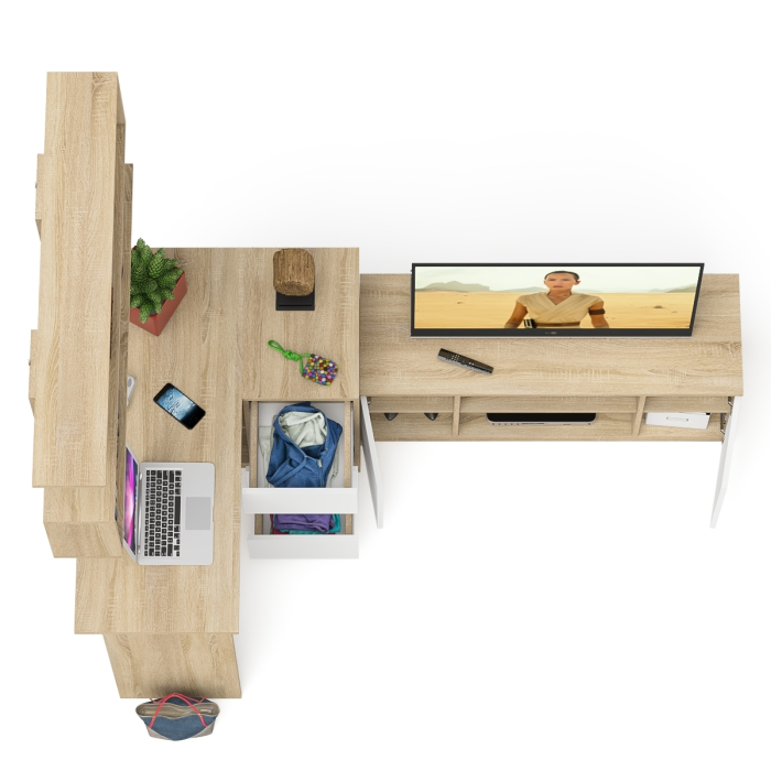 Домашние кабинеты, Стол угловой компьютерный Мори МС-16 правый с книжной полкой и ТВ-тумбой МТВ1200.1