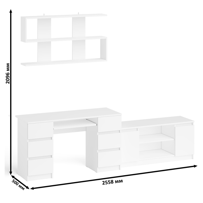 Домашние кабинеты, Письменный стол Мори МС-2 с ТВ-тумбой 1200 и навесной полкой 1200