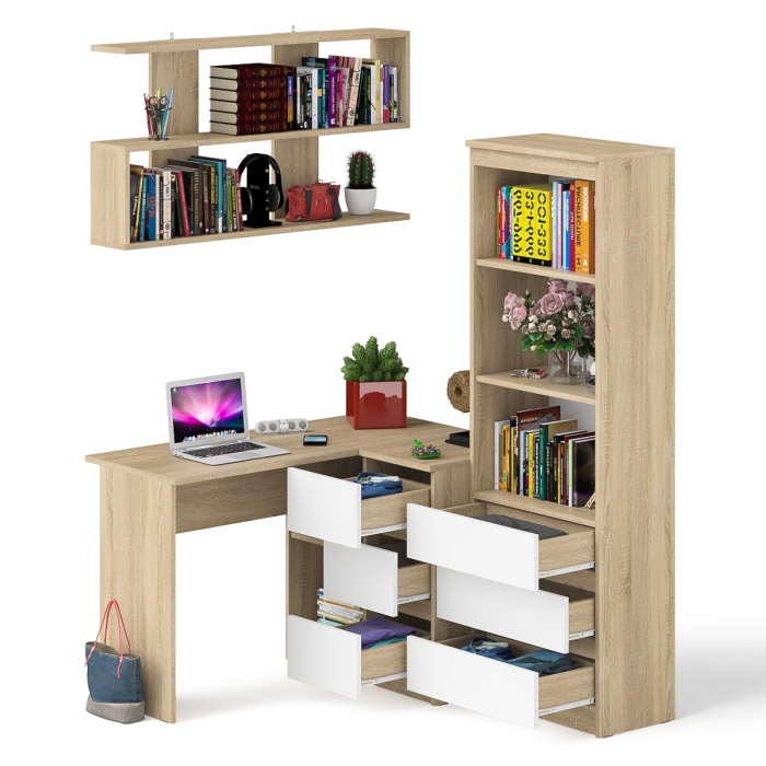 Домашние кабинеты, Рабочее место с угловым столом Мори МС-16 правым со стеллажом и полкой