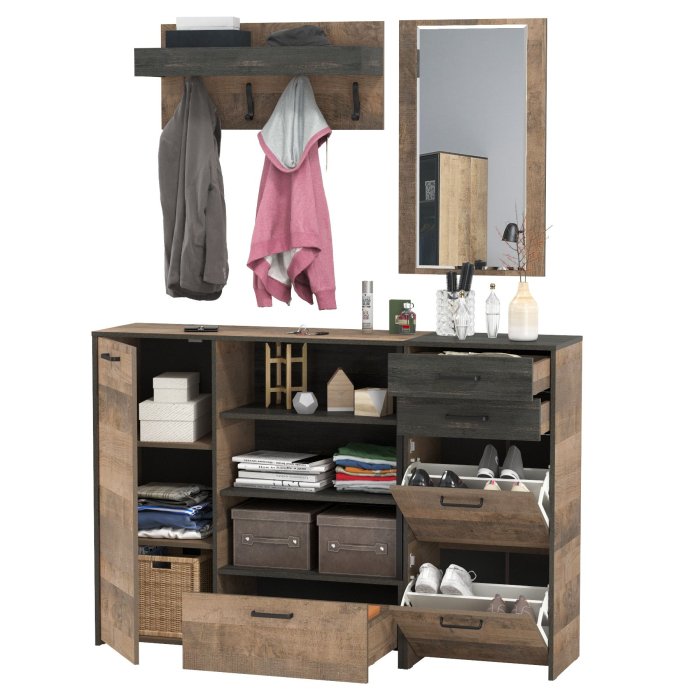 Прихожие, Комод с дверкой с высокой тумбой для обуви с зеркалом и вешалкой Трувор