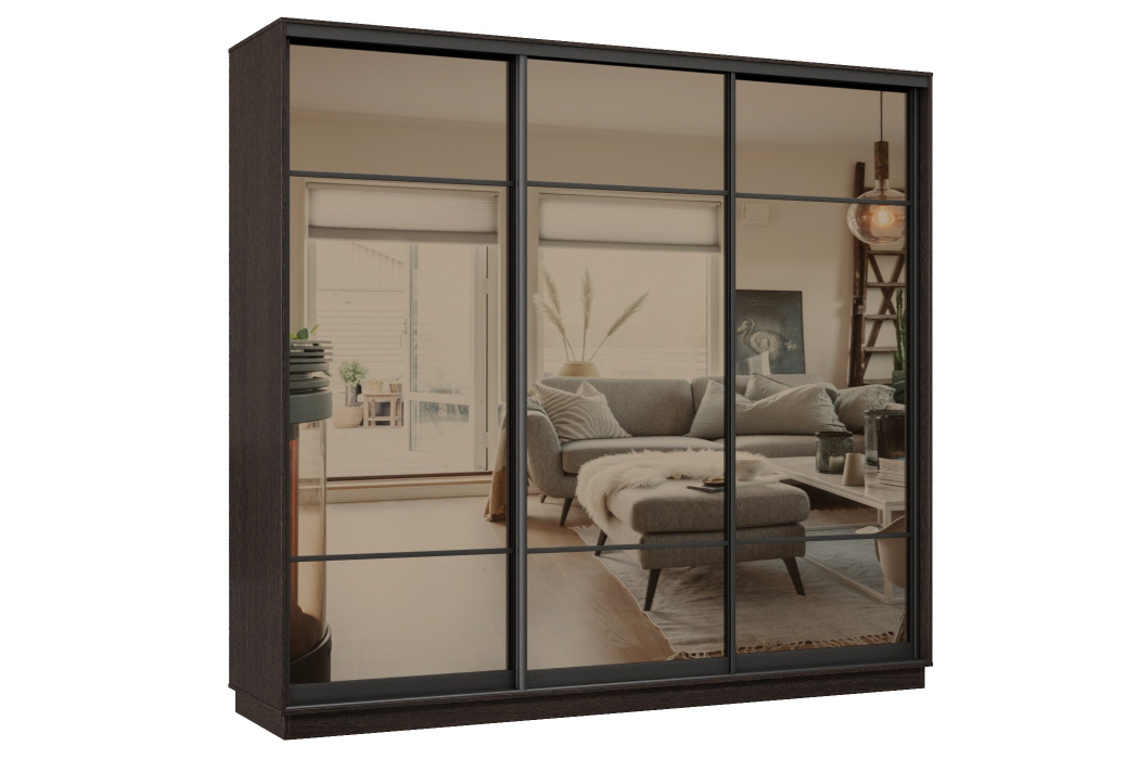 Шкафы-купе 3-х дверные, Шкаф-купе Премьер 57 (11ЗБ;11ЗБ;11ЗБ) фасады зеркало бронза/трёхдверный/Профиль чёрный муар