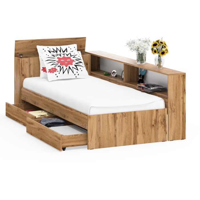 Кровати 90 см, Кровать односпальная 900 с ящиками и прикроватным блоком Ксения