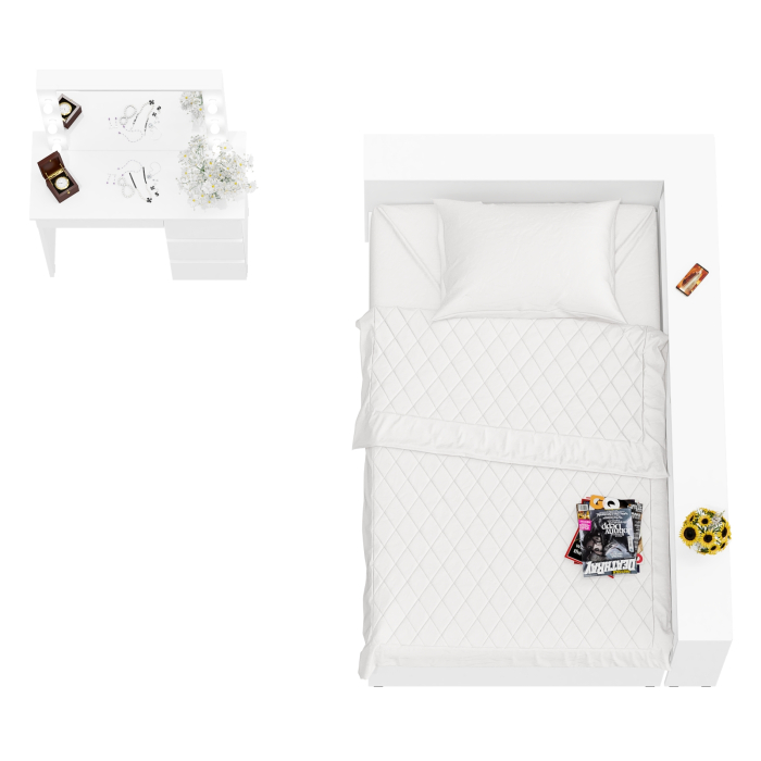 Спальные гарнитуры, Кровать с прикроватным блоком с ящиками Ксения 1200 и туалетный столик с подсветкой Сура