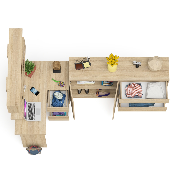 Домашние кабинеты, Тумба-комод МК1600.1 Мори с навесной книжной полкой и угловой компьютерный стол МС-16 правый