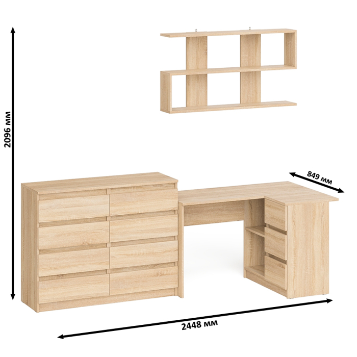 Домашние кабинеты, Стол компьютерный угловой с ящиками Мори МС-16 правый с навесной полкой и комодом МК1200.8