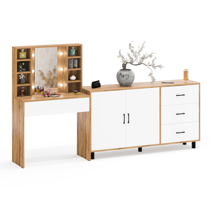 С зеркалом, Косметический cтол с подсветкой и ящиком 115 и комод 123-1604