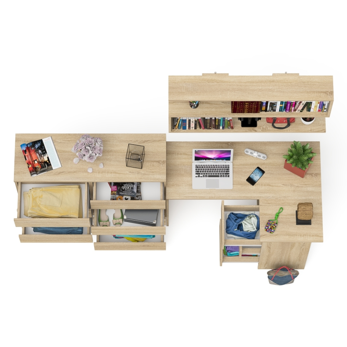 Домашние кабинеты, Стол компьютерный угловой с ящиками Мори МС-16 правый с навесной полкой и комодом МК1200.8