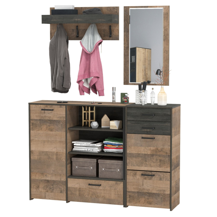 Прихожие, Комод с дверкой с высокой тумбой для обуви с зеркалом и вешалкой Трувор