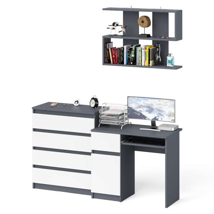 Прямые компьютерные столы, Комод четыре ящика Мори 800-4 со столом компьютерным с тумбой слева и полкой 900