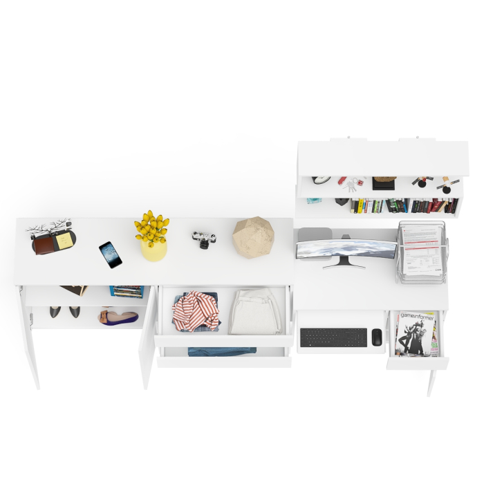 Домашние кабинеты, Тумба-комод с дверками и ящиками на 1600 со столом с тумбой и ящиком справа и навсеной полкой Мори