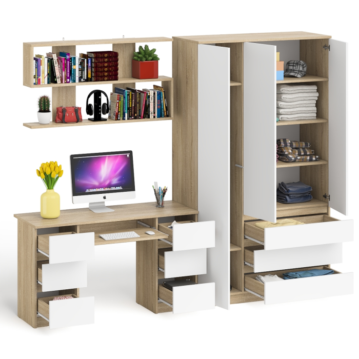 Домашние кабинеты, Шкаф-комод трёхдверный Мори МШ1200.1 с письменным столом и открытой книжной полкой