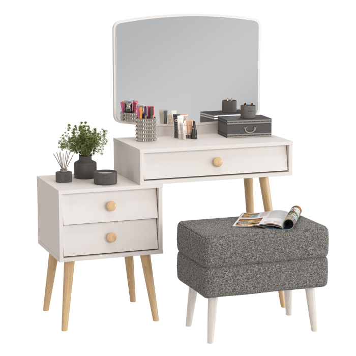 С зеркалом, Женское трюмо для спальни Афина и банкетка на ножках Тифани