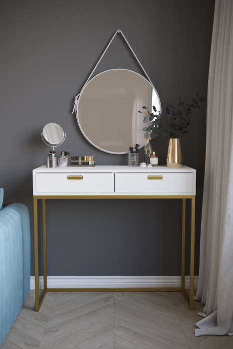 Туалетные столики, Консоль Дрим К02 PUSH-OPEN Ясень браш белый/золото 