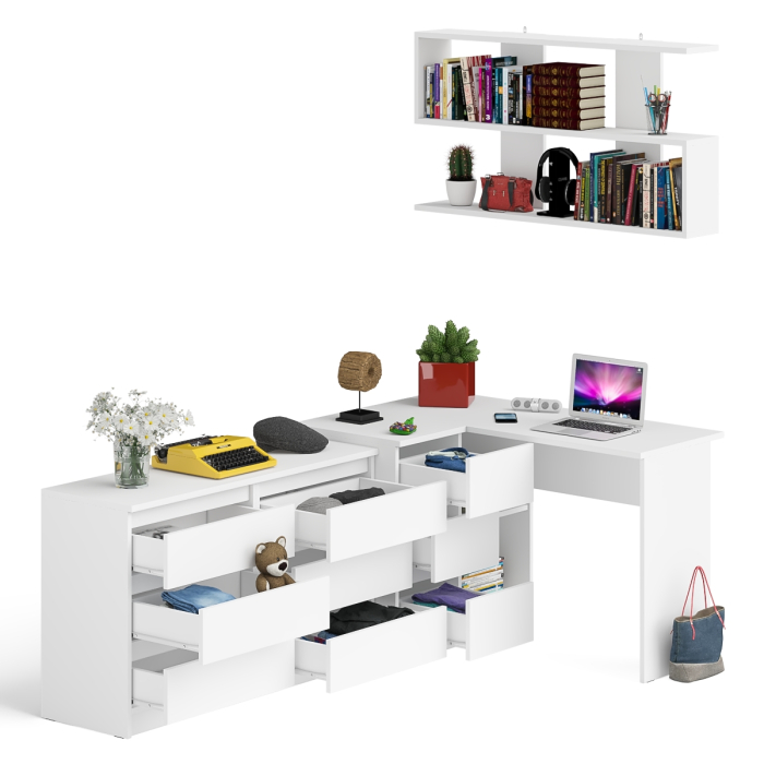 Домашние кабинеты, Стол компьютерный угловой МС-16 левый Мори с полкой для книг и широким комодом