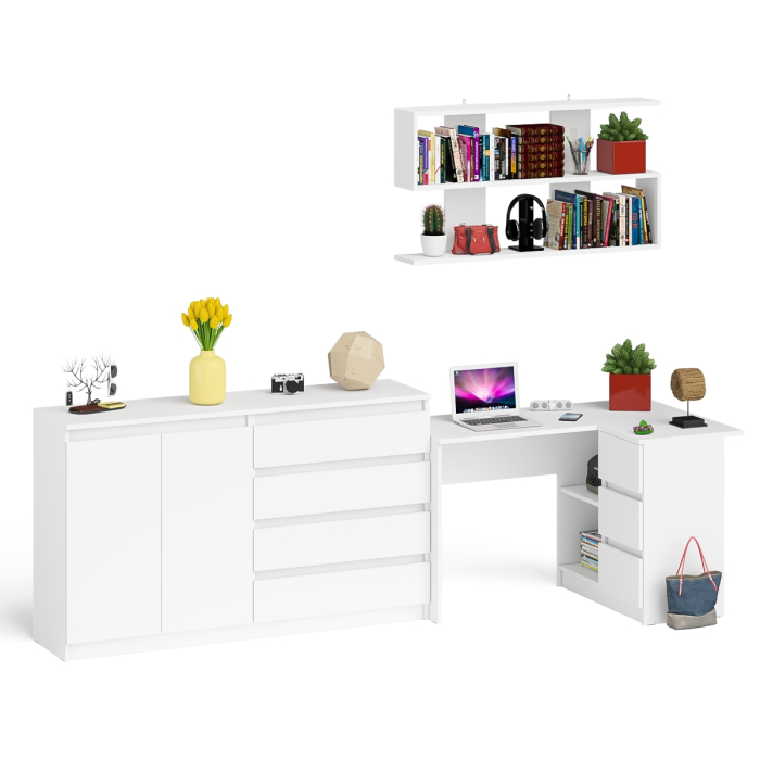 Домашние кабинеты, Тумба-комод МК1600.1 Мори с навесной книжной полкой и угловой компьютерный стол МС-16 правый