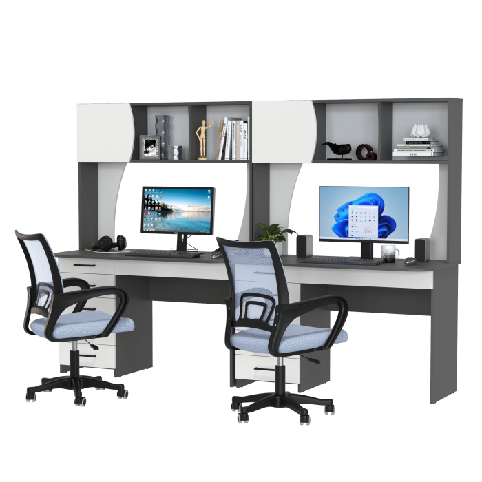Прямые компьютерные столы, Комплект из двух рабочих столов Сигма и двух компьютерных кресел серых