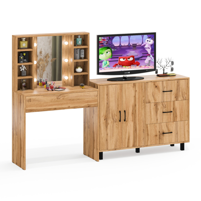 С зеркалом, Туалетный столик с подсветкой 115 и тумба-комод 123-1204