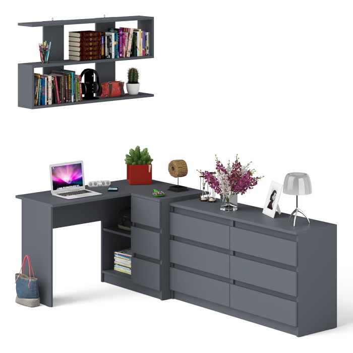 Домашние кабинеты, Комод широкий 6-ть ящиков Мори МК1380.6 с угловым компьютерным столом МС-16 правым и открытой книжной полкой