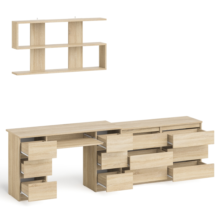 Домашние кабинеты, Широкий комод Мори на шесть ящиков с двутумбовым столом МС-2 и открытой полкой