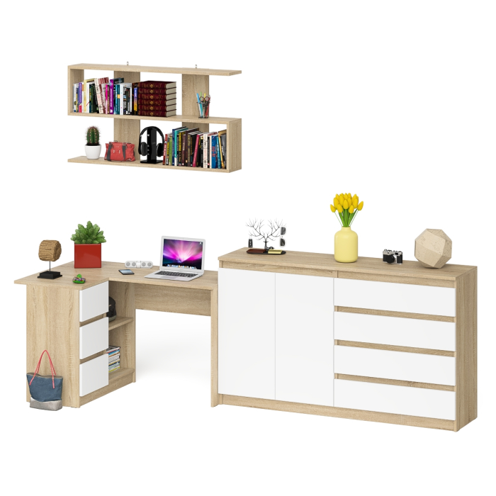 Домашние кабинеты, Угловой компьютерный стол с тремя ящиками Мори МС-16 левый с тумбой-комодом и книжной полкой