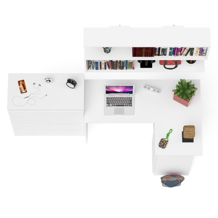 Домашние кабинеты, Книжная навесная полка Мори с угловым компьютерным столом МС-16 правым и комодом Мори МК800.4