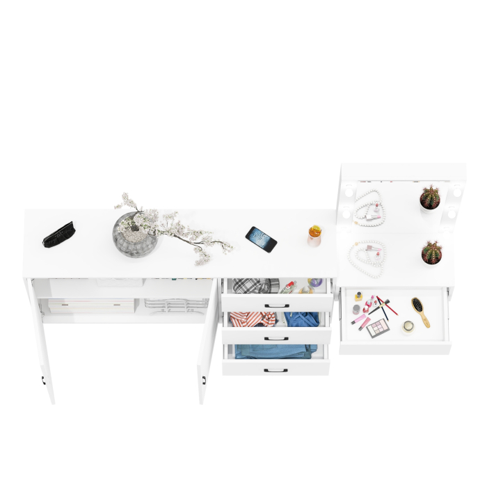 С зеркалом, Косметический навесной столик с подсветкой и комод с ящиками и дверками 123-1604