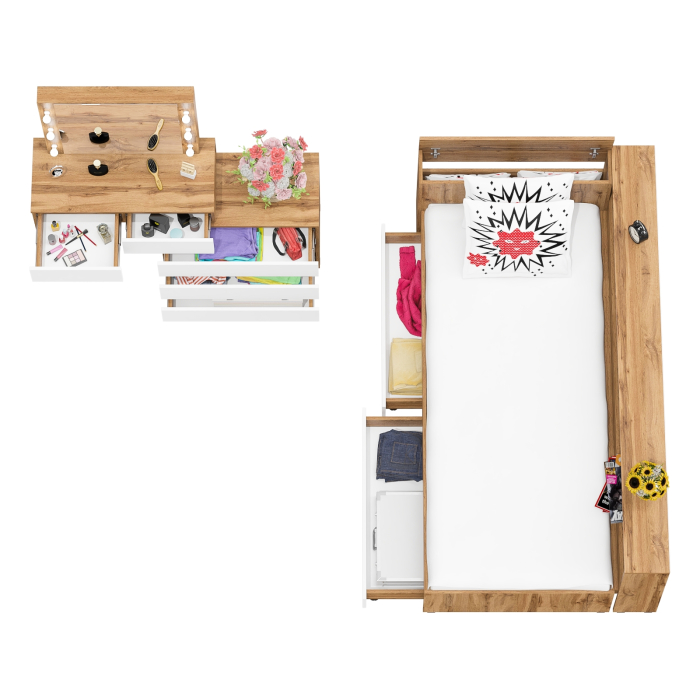 Спальные гарнитуры, Столик косметический с лампочками 110 и Ксения 900 односпальная кровать с ящиками и прикроватным блоком