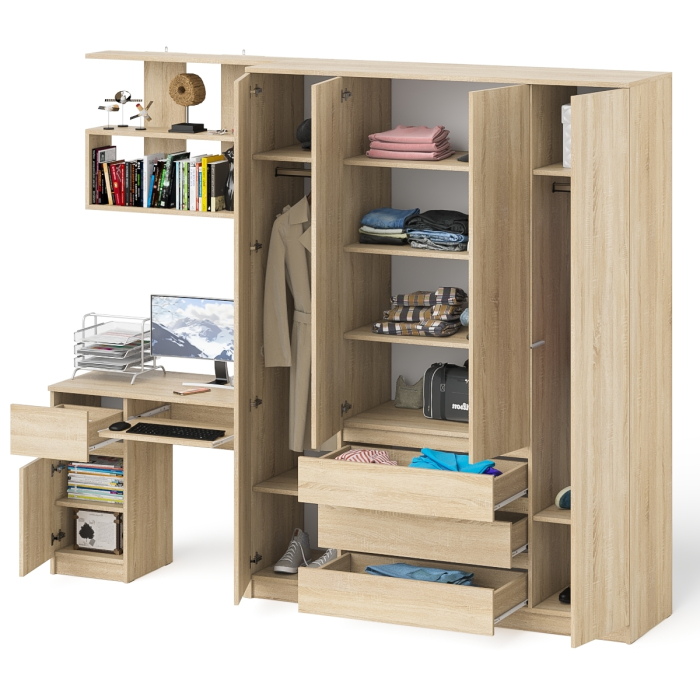 Домашние кабинеты, Четырёх-дверный шкаф-комод Мори МШ1600.1 с компьютерным столом МС-1 тумба слева и верхней полкой