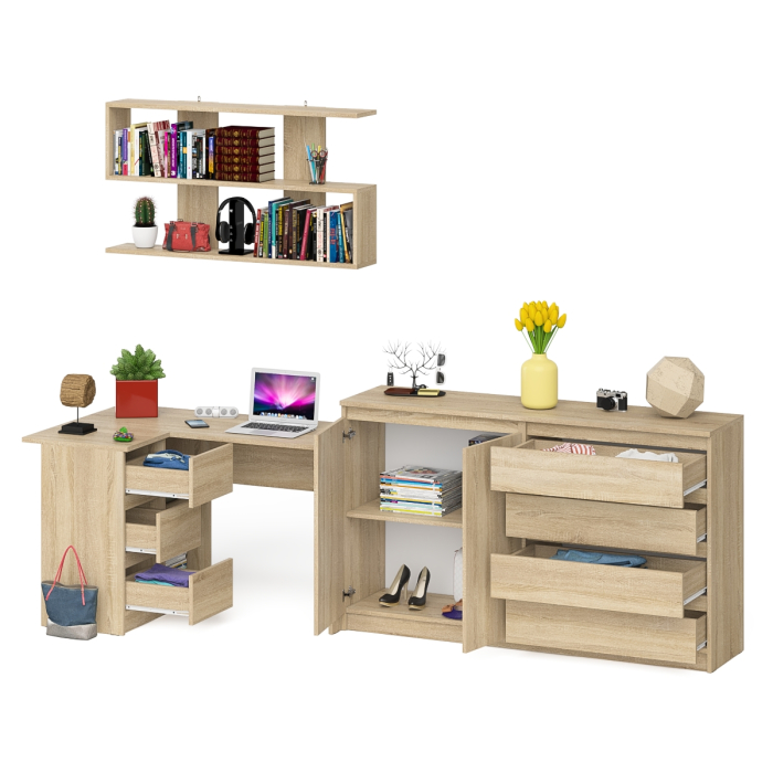 Домашние кабинеты, Угловой компьютерный стол с тремя ящиками Мори МС-16 левый с тумбой-комодом и книжной полкой