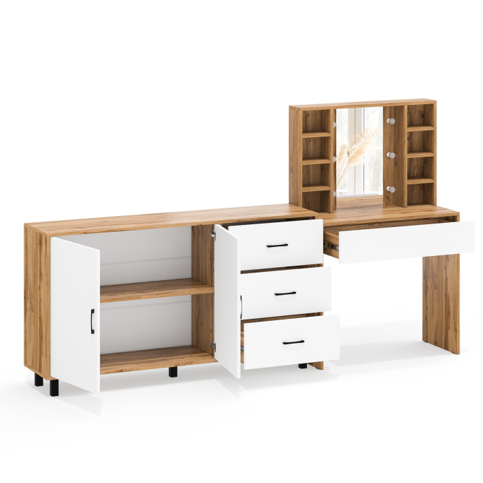 С зеркалом, Косметический cтол с подсветкой и ящиком 115 и комод 123-1604