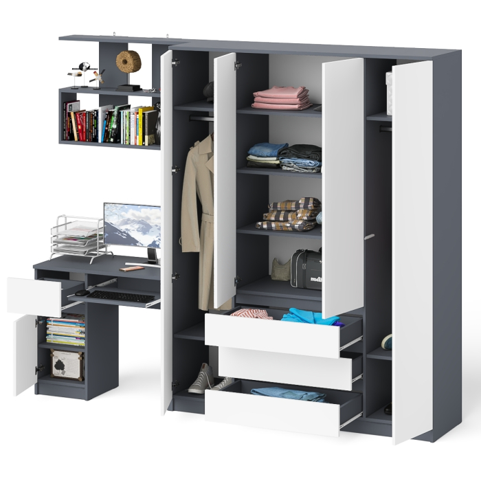 Домашние кабинеты, Четырёх-дверный шкаф-комод Мори МШ1600.1 с компьютерным столом МС-1 тумба слева и верхней полкой