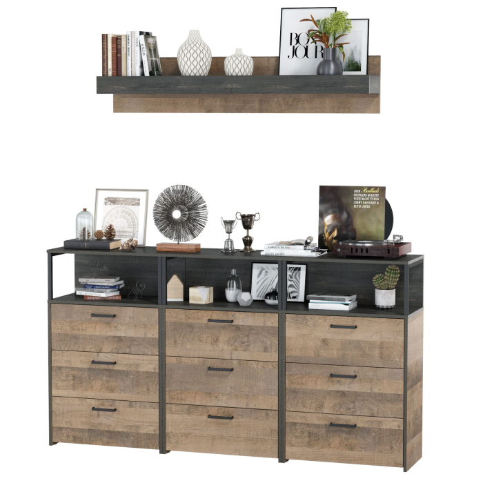 Стенки для гостиной, Три комода с ящиками и верхняя навесная полка Трувор