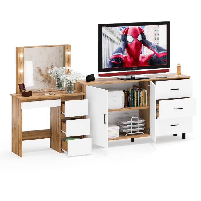 С зеркалом, Косметический столик Сура с зеркалом и подсветкой и с тумбой-комодом 123-1604