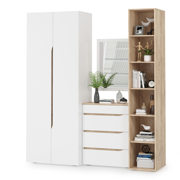 В гостиную, Комплект Муссон Шк+Ст+Ком+Зеркало белый/дуб эндгрейн элегантный