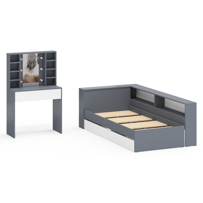 , Кровать с ящиками 900 с прикроватным блоком для вещей Ксения и столик косметический с подсветкой 115