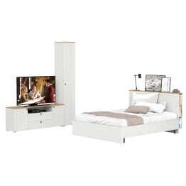 Кровать Остин со спальным местом 1600х2000 с ортопедическим основанием с пеналом с полками и тумба под ТВ