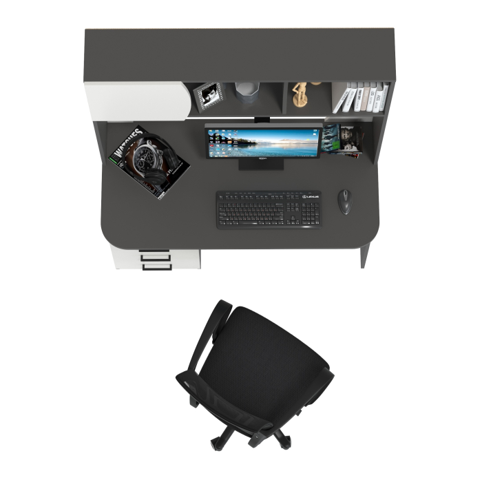 Прямые компьютерные столы, Стол компьютерный с надстройкой Сигма и компьютерное кресло чёрное